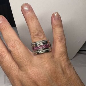 Pink and Clear CZ Silver Tone Stretch Ring